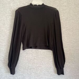 Reformation Jeans Mock Neck Knit Top Womens Small Crop Semi Sheer Bishop Sleeve